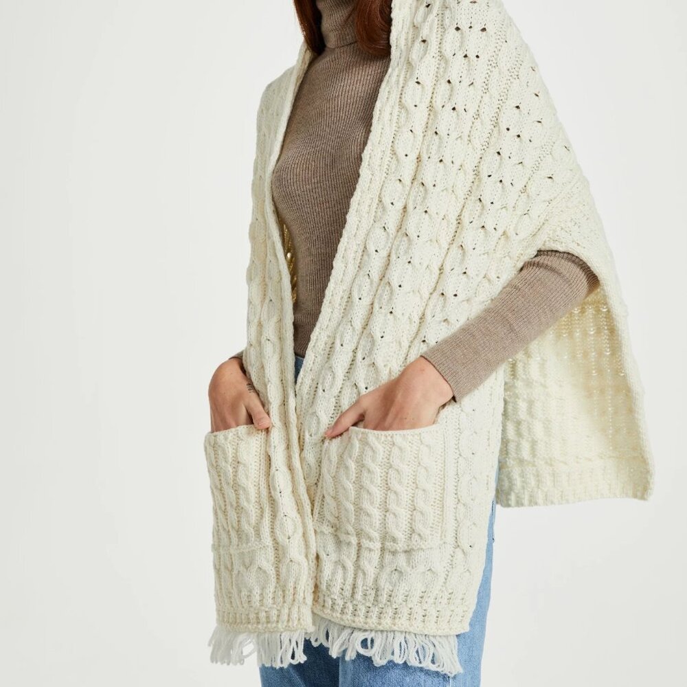 Aran Woollen Mills Ireland Shannon Throwover Merino Wool Cable Knit Wrap Pocket
